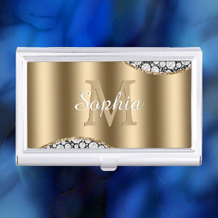 Glam Diamonds on Black, Gold Monogram, Script Name Business Card Case