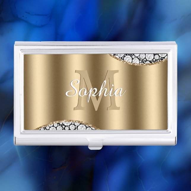 Glam Diamonds on Black, Gold Monogram, Script Name Business Card Case (Creator Uploaded)