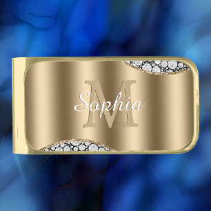 Glam Diamonds on Black, Gold Monogram, Script Name Gold Finish Money Clip
