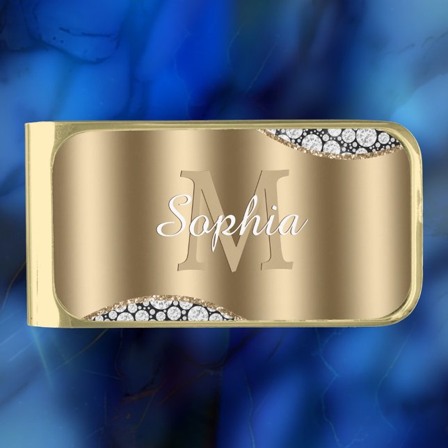 Glam Diamonds on Black, Gold Monogram, Script Name Gold Finish Money Clip (Creator Uploaded)