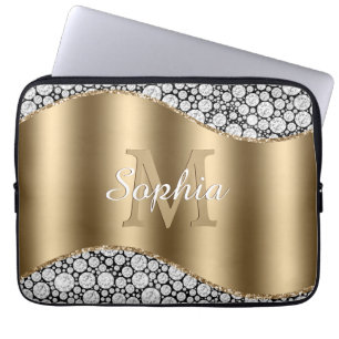 Glam Diamonds on Black, Gold Monogram, Script Name Laptop Sleeve