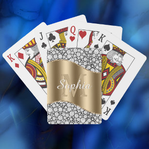Glam Diamonds on Black, Gold Monogram, Script Name Poker Cards