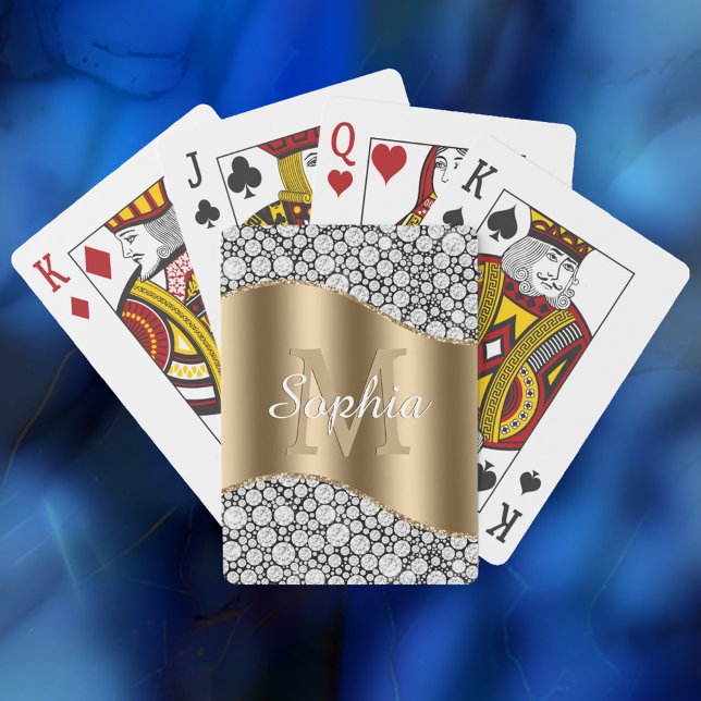 Glam Diamonds on Black, Gold Monogram, Script Name Poker Cards (Creator Uploaded)