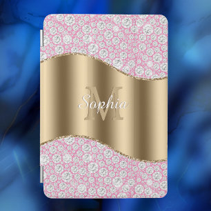 Glam Diamonds on Pink, Gold Monogram, Script Name iPad Mini Cover