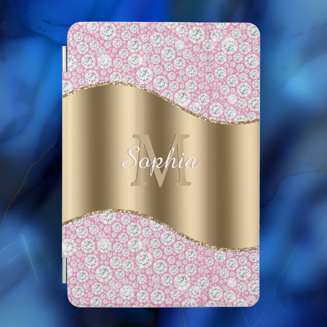 Glam Diamonds on Pink, Gold Monogram, Script Name iPad Mini Cover (Creator Uploaded)
