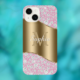 Glam Diamonds on Pink, Gold Monogram, Script Name iPhone 14 Case