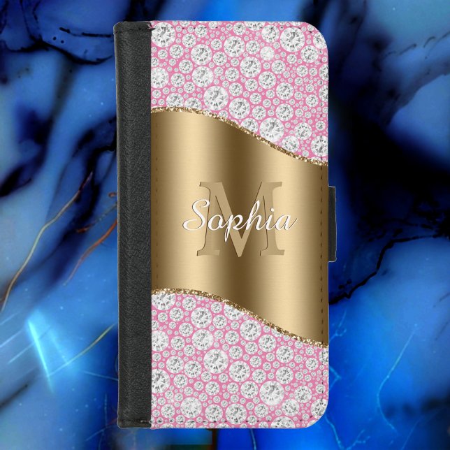 Glam Diamonds on Pink, Gold Monogram, Script Name iPhone Wallet Case (Creator Uploaded)