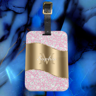 Glam Diamonds on Pink, Gold Monogram, Script Name Luggage Tag