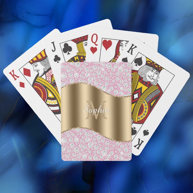 Glam Diamonds on Pink, Gold Monogram, Script Name Poker Cards (Creator Uploaded)