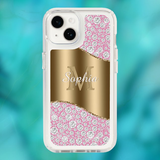 Glam Diamonds on Pink, Gold Monogram, Script Name Speck iPhone Case (Creator Uploaded)