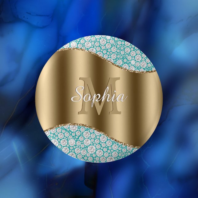 Glam Diamonds on Teal, Gold Monogram, Script Name Button (Creator Uploaded)