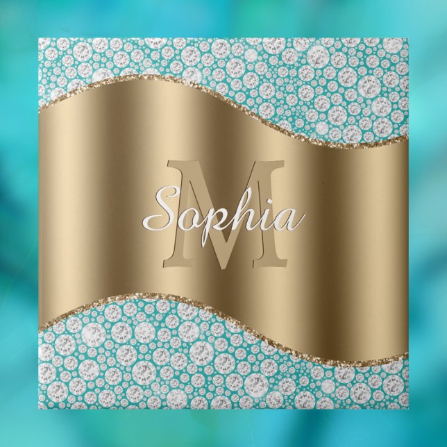 Glam Diamonds on Teal, Gold Monogram, Script Name Ceramic Tile (Creator Uploaded)