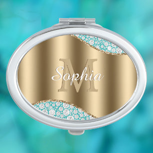 Glam Diamonds on Teal, Gold Monogram, Script Name Compact Mirror