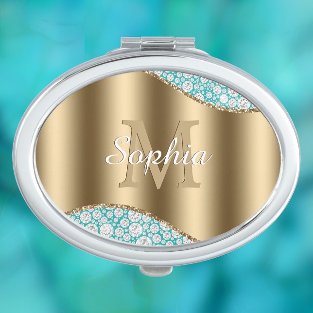 Glam Diamonds on Teal, Gold Monogram, Script Name Compact Mirror (Creator Uploaded)