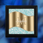 Glam Diamonds on Teal, Gold Monogram, Script Name Gift Box<br><div class="desc">Personalize large gold monogram and name in white script on gold wave with white diamonds on teal.</div>