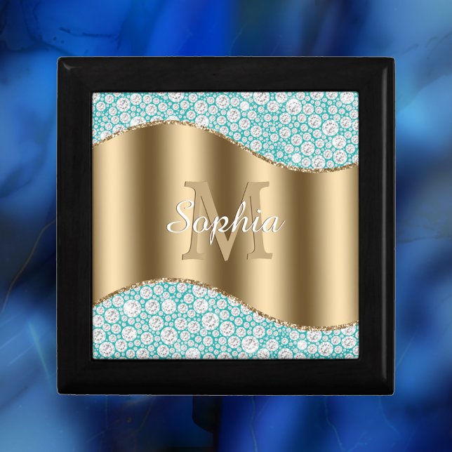 Glam Diamonds on Teal, Gold Monogram, Script Name Gift Box (Creator Uploaded)