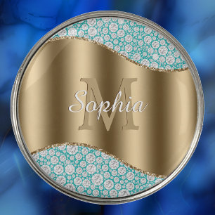 Glam Diamonds on Teal, Gold Monogram, Script Name Golf Ball Marker