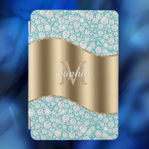 Glam Diamonds on Teal, Gold Monogram, Script Name