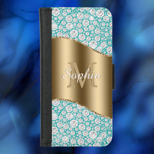 Glam Diamonds on Teal, Gold Monogram, Script Name iPhone 8/7 Wallet Case