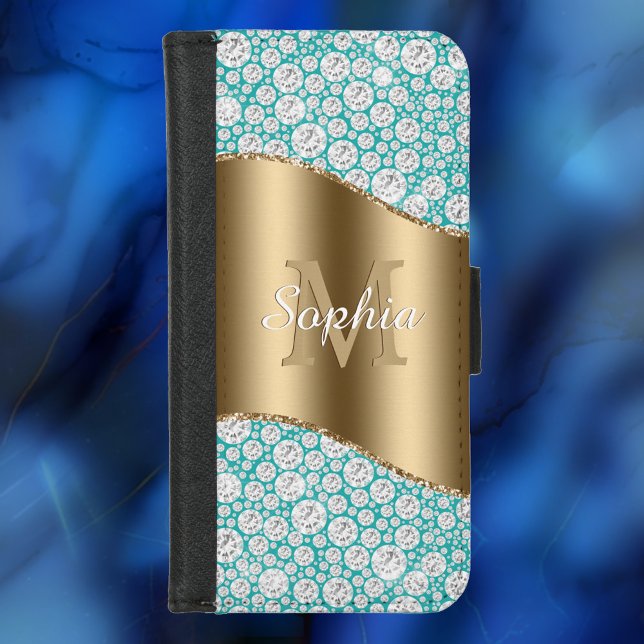Glam Diamonds on Teal, Gold Monogram, Script Name iPhone Wallet Case (Creator Uploaded)