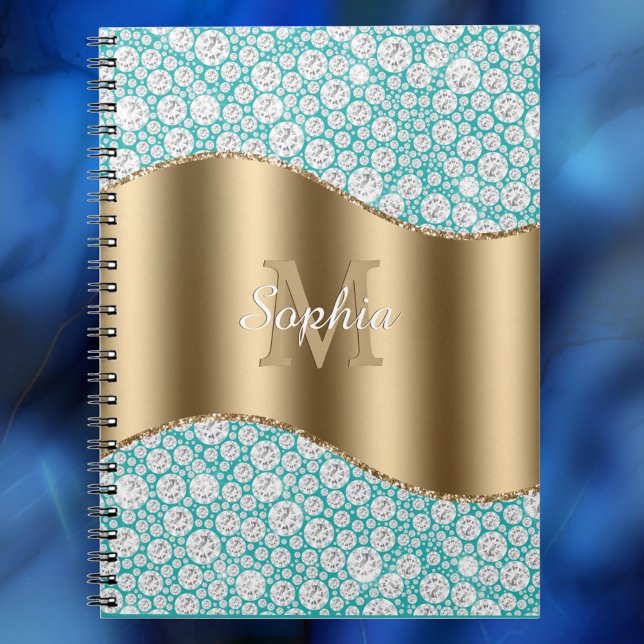 Glam Diamonds on Teal, Gold Monogram, Script Name Notebook (Creator Uploaded)