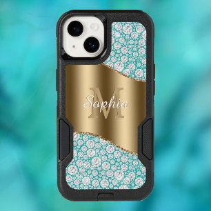 Glam Diamonds on Teal, Gold Monogram, Script Name OtterBox iPhone 14 Case