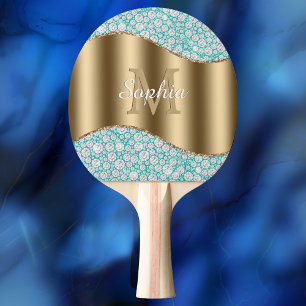 Glam Diamonds on Teal, Gold Monogram, Script Name Ping Pong Paddle