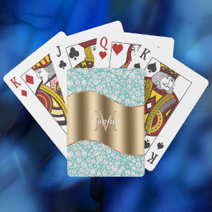 Glam Diamonds on Teal, Gold Monogram, Script Name Poker Cards