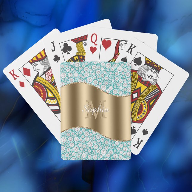 Glam Diamonds on Teal, Gold Monogram, Script Name Poker Cards (Creator Uploaded)