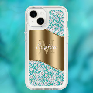 Glam Diamonds on Teal, Gold Monogram, Script Name Speck iPhone 14 Case