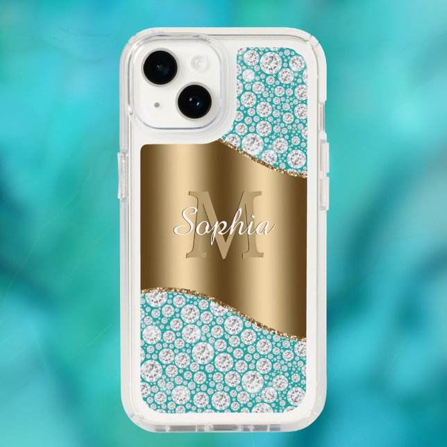 Glam Diamonds on Teal, Gold Monogram, Script Name Speck iPhone Case (Creator Uploaded)