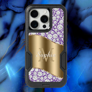 Glam Diamonds Purple, Gold Monogram, Script Name iPhone 15 Pro Case