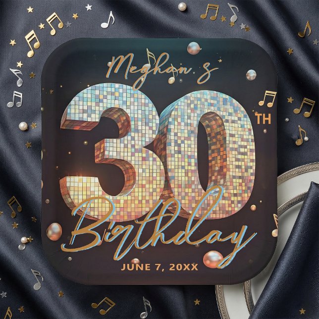 Glam Disco Ball Music Notes 30th Birthday Party Paper Plates (Creator Uploaded)