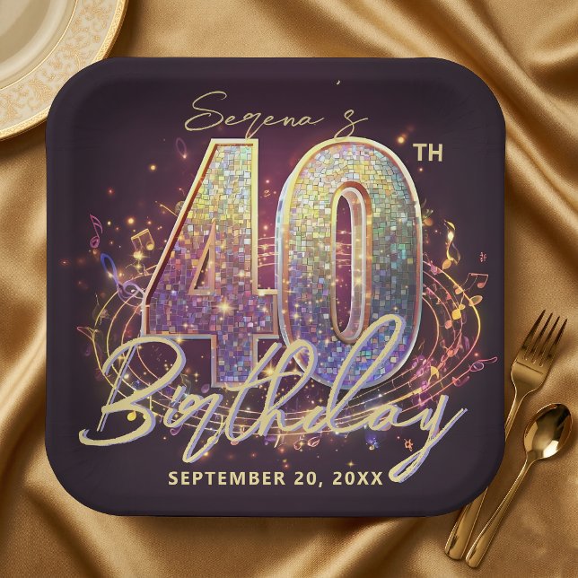 Glam Disco Ball Music Notes 40th Birthday Party Paper Plates (Creator Uploaded)