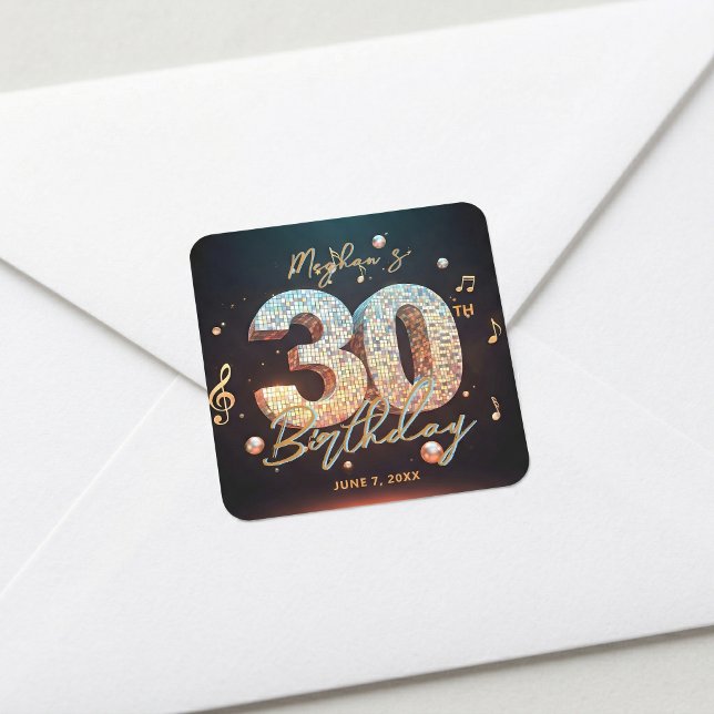 Glam Disco Ball Music Theme 30th Birthday Party Square Sticker (Creator Uploaded)