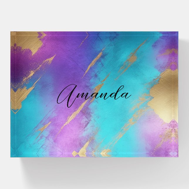 Glam Distressed Purple Turquoise Gold Paperweight (Front)