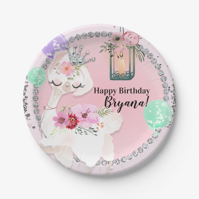 Glam Diva Llama Princess Birthday Party Paper Plates (Front)