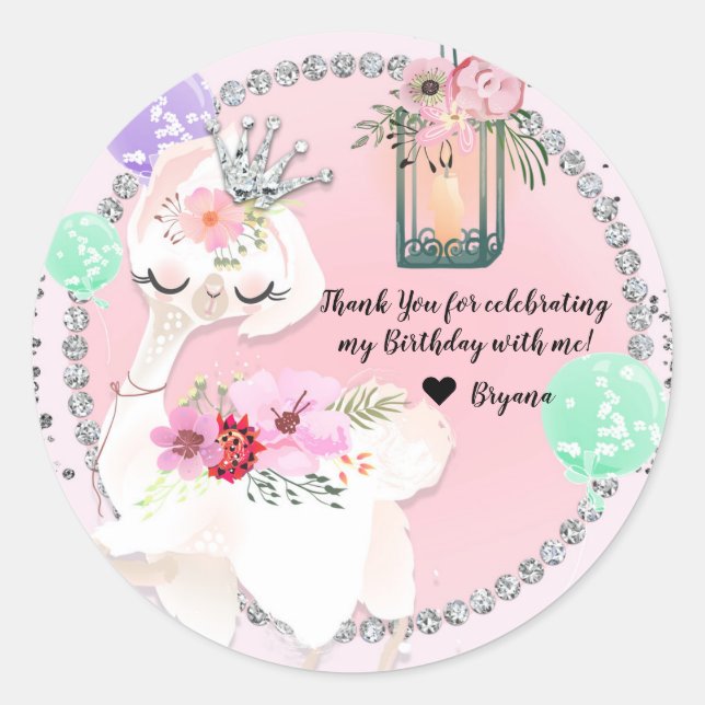 Glam Diva Llama Princess Whimsical Birthday Party Classic Round Sticker (Front)