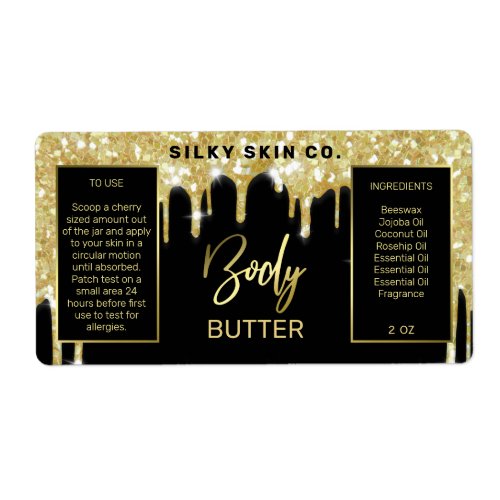 Glam Dripping Glitter Black And Gold Body Butter Label