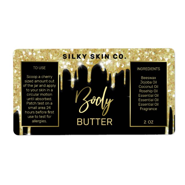 Glam Dripping Glitter Black And Gold Body Butter Label (Front)