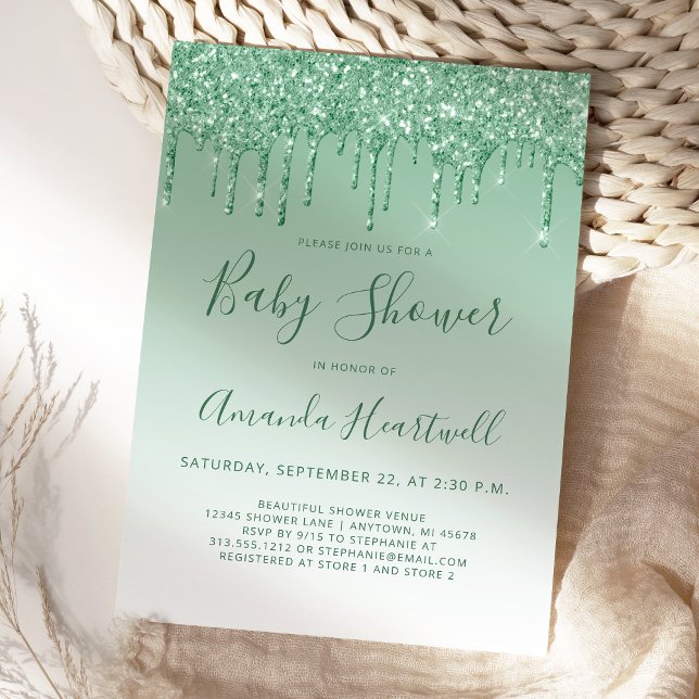 Glam Dripping Glitter Green Baby Shower Invitation (Creator Uploaded)