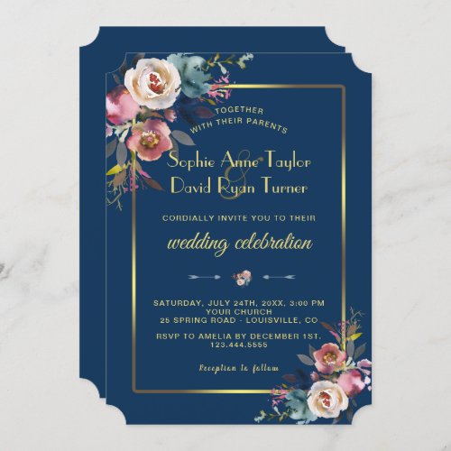 Glam Dusty Blue Floral Golden Frame Wedding Invitation