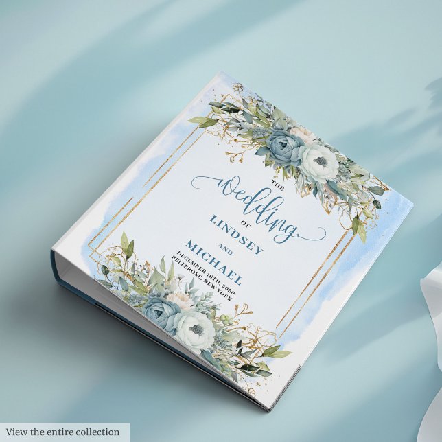 Glam Dusty Blue Flowers Greenery Gold Frame Album 3 Ring Binder (Glam Dusty Blue Flowers Greenery Gold Frame Album)