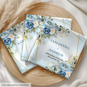 Glam Dusty Blue Peonies and Gold Glitter Wedding Cloth Napkin