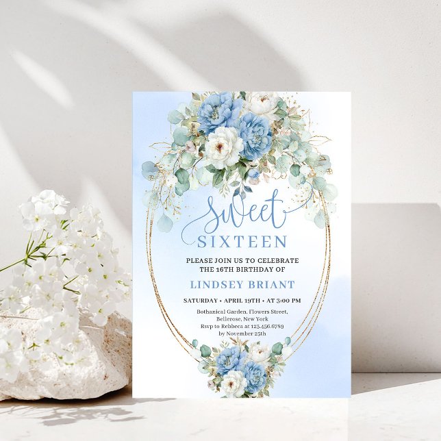Glam Dusty Blue Peony Gold Sweet Sixteen Invite (Glam Dusty Blue Peony Gold Sweet Sixteen Invite)