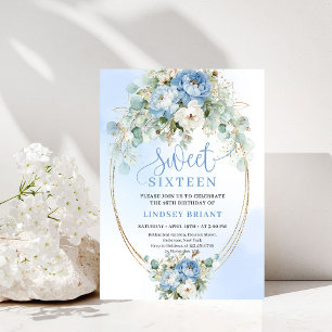 Glam Dusty Blue Peony Gold Sweet Sixteen Invite