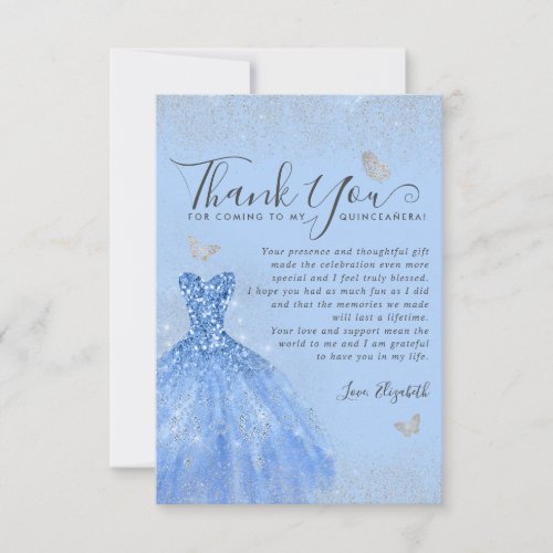 Glam Dusty Blue Silver Glitter Dress Quinceanera Thank You Card