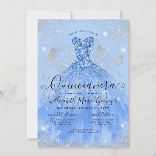 Glam Dusty Blue Silver Glitter Gown Quinceanera Invitation