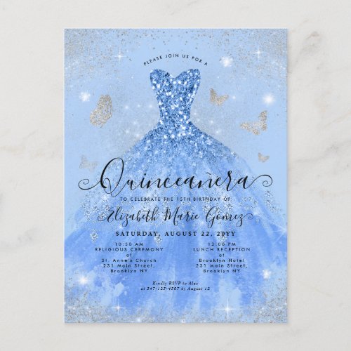 Glam Dusty Blue Silver Glitter Gown Quinceanera Postcard