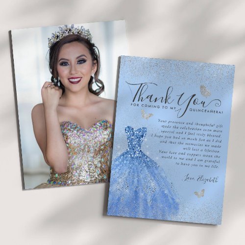Glam Dusty Blue Silver Glitter Quinceanera Photo Thank You Card